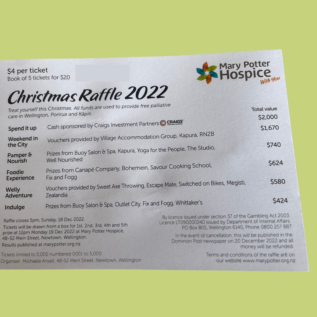 Booklet of five Hospice Christmas Raffle tickets